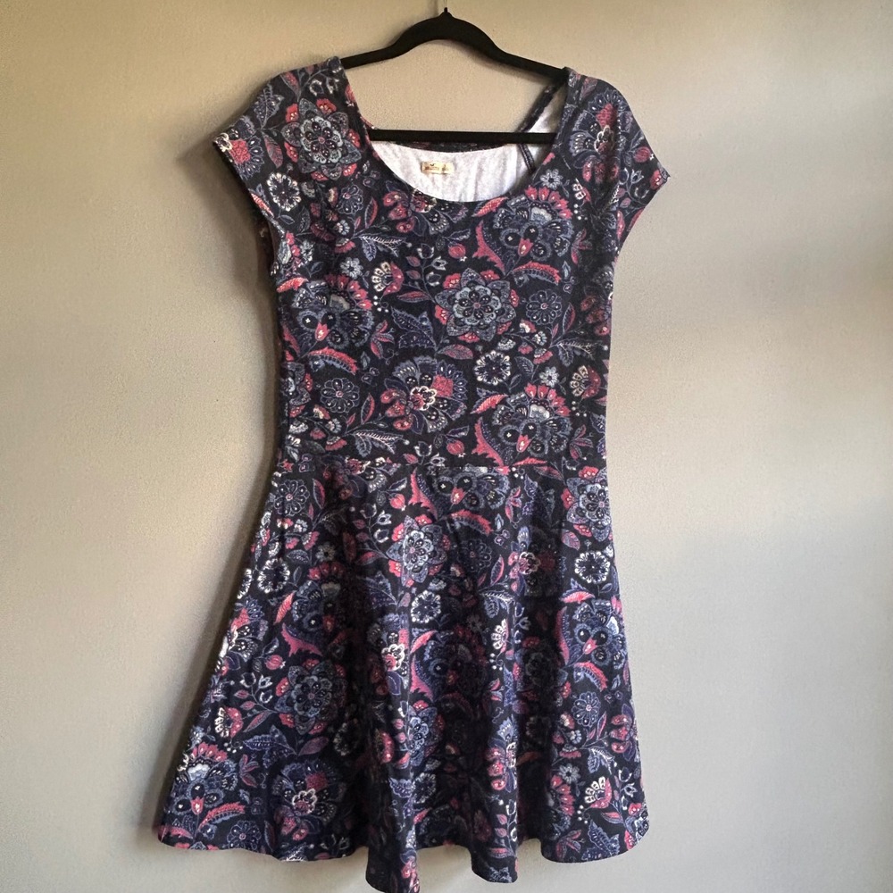 Hollister‎ Skater Dress Navy Blue Pink Floral Paisley Cap Sleeve Large L